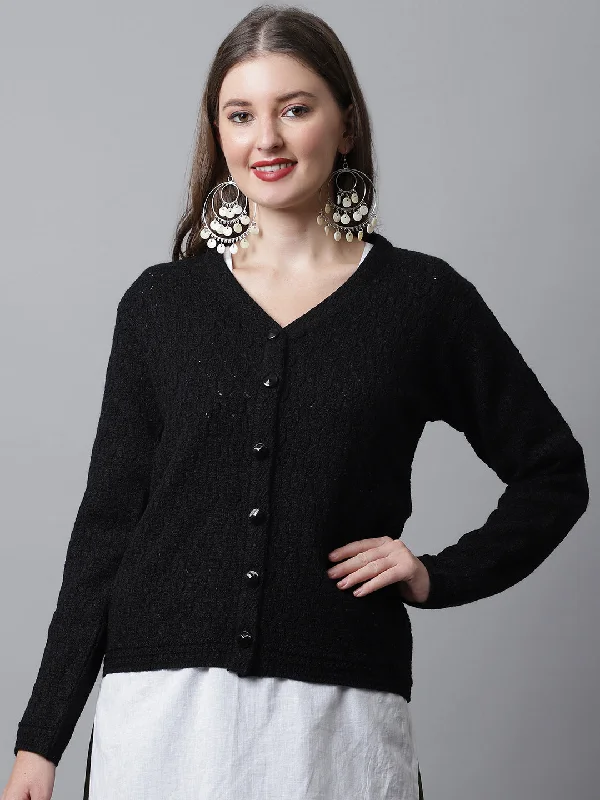 Women's Casual  Black V neck Cardigan Sweater