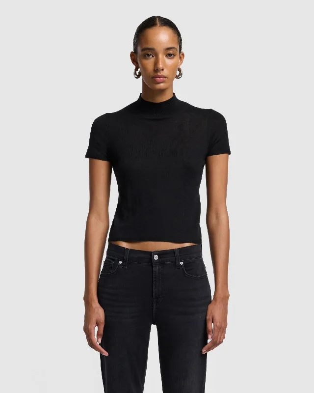 Cropped Women's Angora Blend Sweaters for a Trendy LookCashmere Mock Neck Short Sleeve Sweater in Black Cropped Women's Angora Blend Sweaters for a Trendy LookCashmere Mock Neck Short Sleeve Sweater in Black