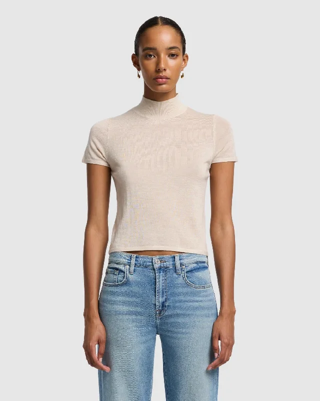 Cashmere Mock Neck Short Sleeve Sweater in Oatmeal