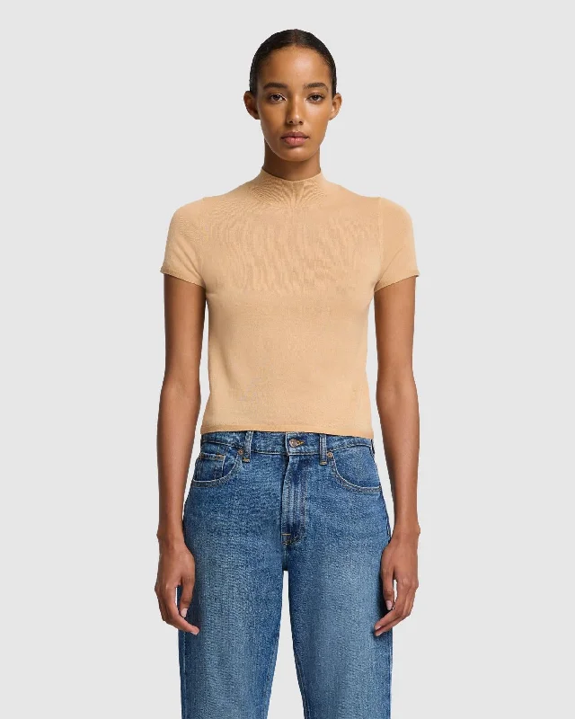 Cashmere Mock Neck Short Sleeve Sweater in Porcini