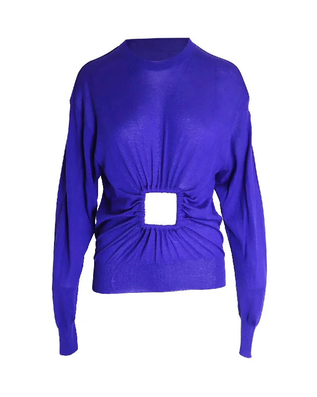 Plus Size Women's Side - Slit Sweaters in Bold SolidsCeline Window Panel Knitted Sweater in Blue Cashmere Plus Size Women's Side - Slit Sweaters in Bold SolidsCeline Window Panel Knitted Sweater in Blue Cashmere