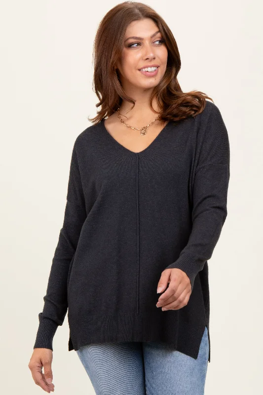Short Sleeve Women's Cotton Blend Sweaters in Pastel ColorsCharcoal Front Seam V-Neck Side Slit Sweater Short Sleeve Women's Cotton Blend Sweaters in Pastel ColorsCharcoal Front Seam V-Neck Side Slit Sweater