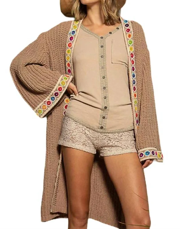 Chenille Cardigan With Trim In Mocha