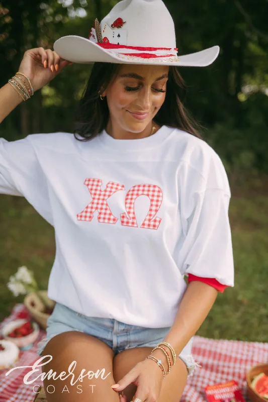 Graphic Print Women T Shirt for a Trendy StatementChi O Gingham Print Letter Jersey