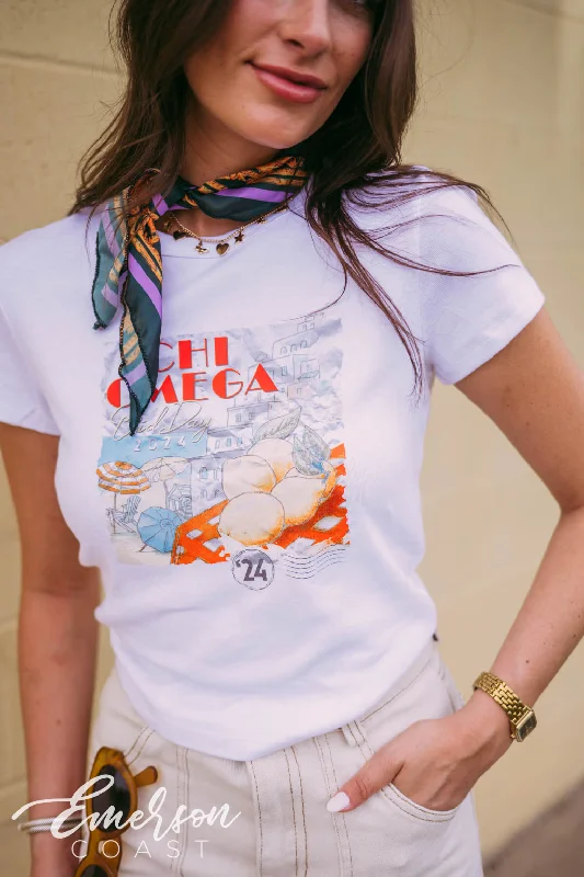 Distressed Women T Shirt with a Laid - Back AestheticChi Omega Coastal Bid Day Tee