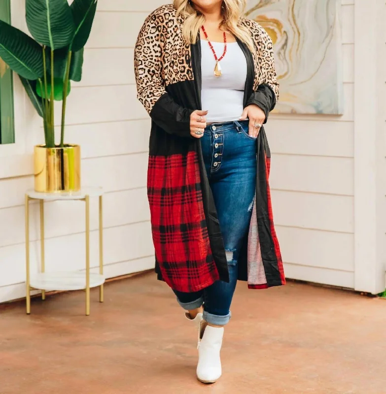 Chill Adulting Cardigan With Leopard And Plaid In Black