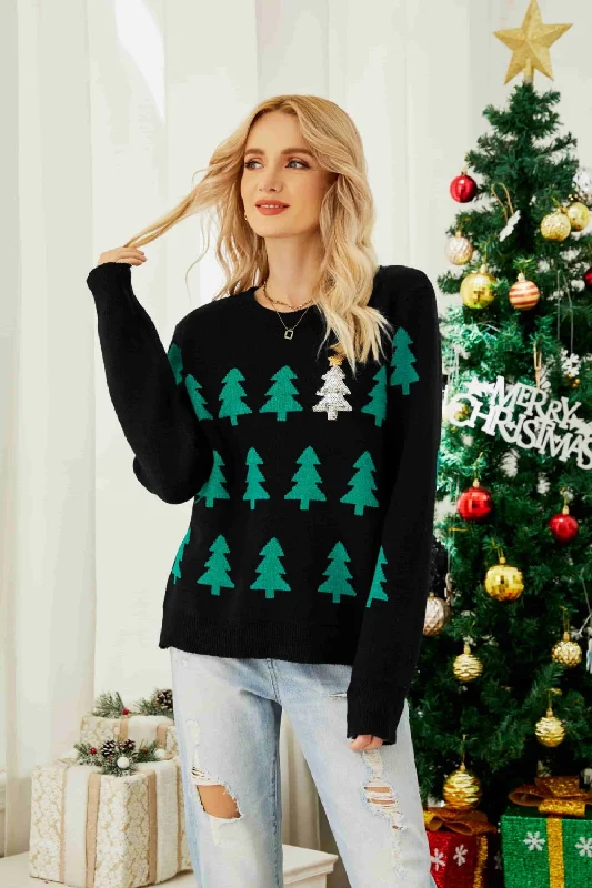 Plus Size Women's Oversized Chunky Knit SweatersChristmas Tree Round Neck Ribbed Trim Sweater Plus Size Women's Oversized Chunky Knit SweatersChristmas Tree Round Neck Ribbed Trim Sweater