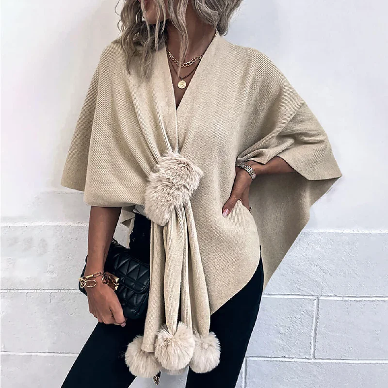 organic cotton women cardigan for an eco - friendly choiceClassy Faux Fur Pom Pom Pull Through Crossover Knit Cape Cardigan organic cotton women cardigan for an eco - friendly choiceClassy Faux Fur Pom Pom Pull Through Crossover Knit Cape Cardigan