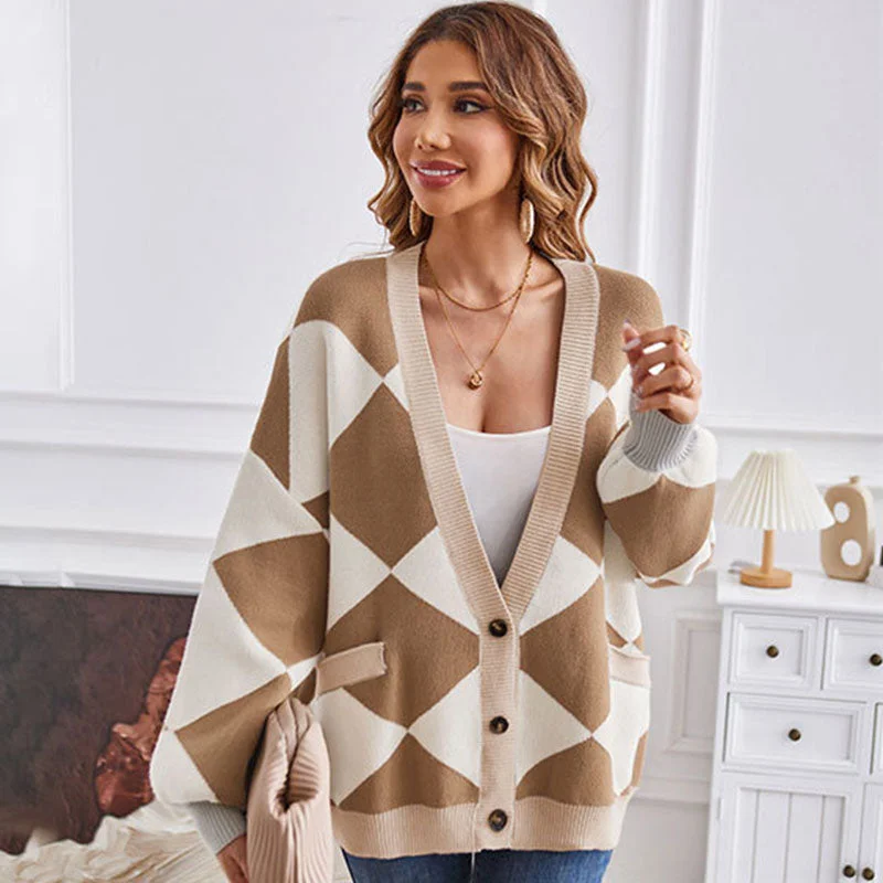 button down women cardigan with vintage buttonsCollege Deep V Neck Button Front Bishop Sleeve Rhombus Oversized Knit Cardigan button down women cardigan with vintage buttonsCollege Deep V Neck Button Front Bishop Sleeve Rhombus Oversized Knit Cardigan