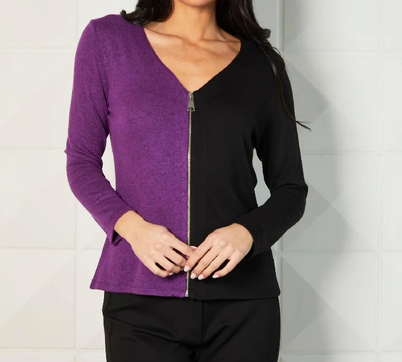 Color Block V-Neck Zip Cardigan In Black/violet