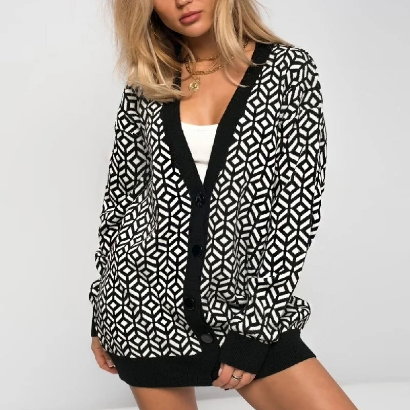 sequin embellished women cardigan for special occasionsContrast Trim V Neck Black Geometric Jacquard Knit Button Down Cardigan sequin embellished women cardigan for special occasionsContrast Trim V Neck Black Geometric Jacquard Knit Button Down Cardigan