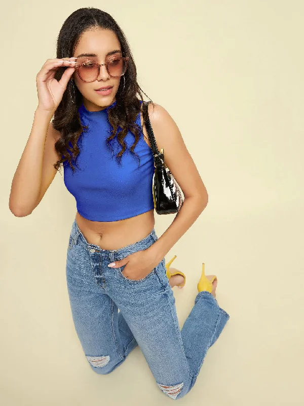 Striped Women T Shirt in a Classic PatternCotton Stretchable High Neck Crop Top