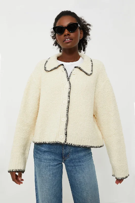 hooded women cardigan for added warmth and styleCream with Black Stitching Cardigan hooded women cardigan for added warmth and styleCream with Black Stitching Cardigan