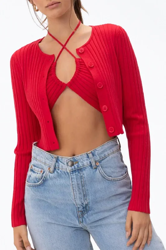 Cropped Ribbed-Knit Cardigan In Red