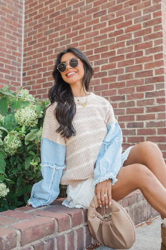 Plus Size Women's Embroidered Sweaters in Ethnic StylesDay To Day Taupe Denim Sleeve Striped Sweater Plus Size Women's Embroidered Sweaters in Ethnic StylesDay To Day Taupe Denim Sleeve Striped Sweater