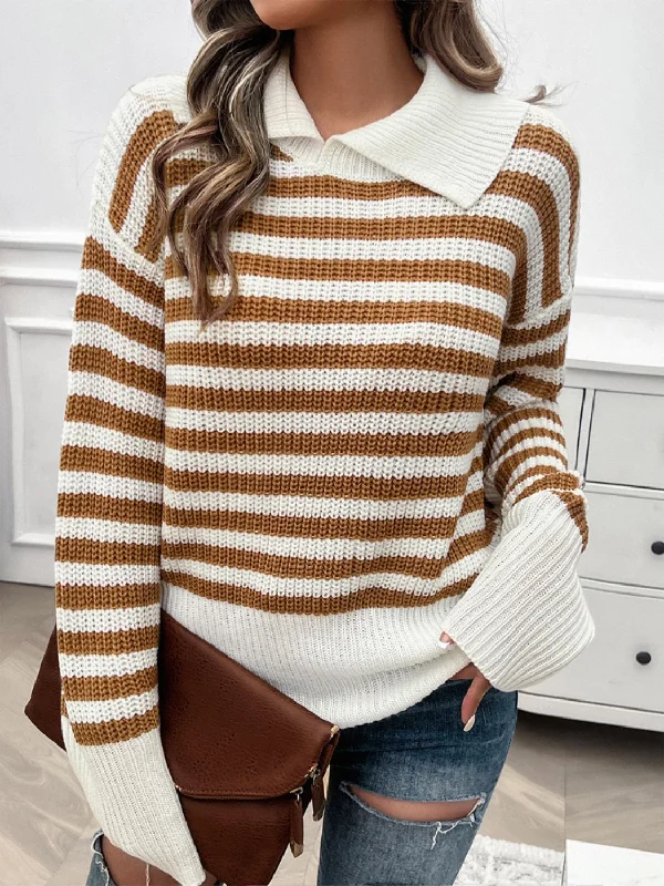 Bell - Sleeve Women's Mohair - Wool Blend SweatersPREORDER Devine Striped Collared Neck Long Sleeve Sweater