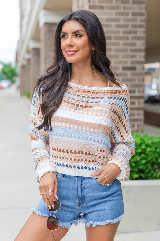 Plus Size Women's Side - Slit Sweaters in Bold SolidsDifferent Views Blue Stripe Open Knit Sweater Plus Size Women's Side - Slit Sweaters in Bold SolidsDifferent Views Blue Stripe Open Knit Sweater