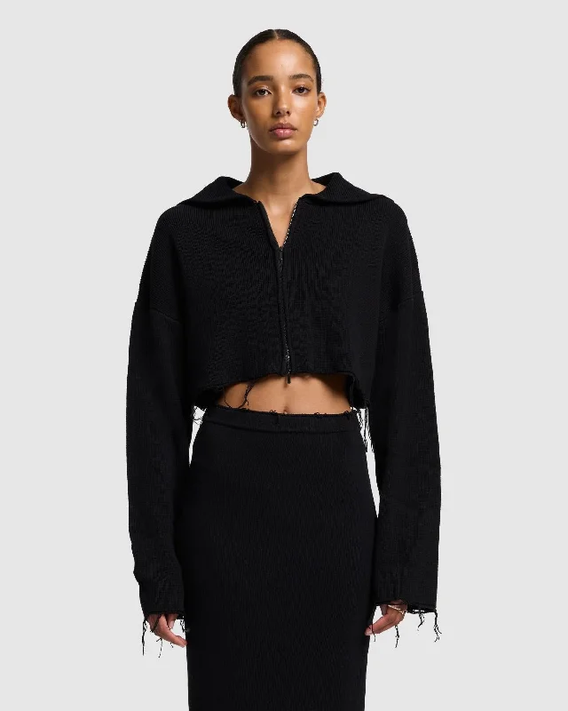 Distressed Knit Cropped Hoodie in Black