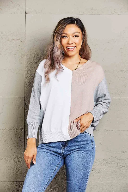 Plus Size Women's Side - Slit Sweaters in Bold SolidsDouble Take Color Block V-Neck Ribbed Trim Sweater Plus Size Women's Side - Slit Sweaters in Bold SolidsDouble Take Color Block V-Neck Ribbed Trim Sweater