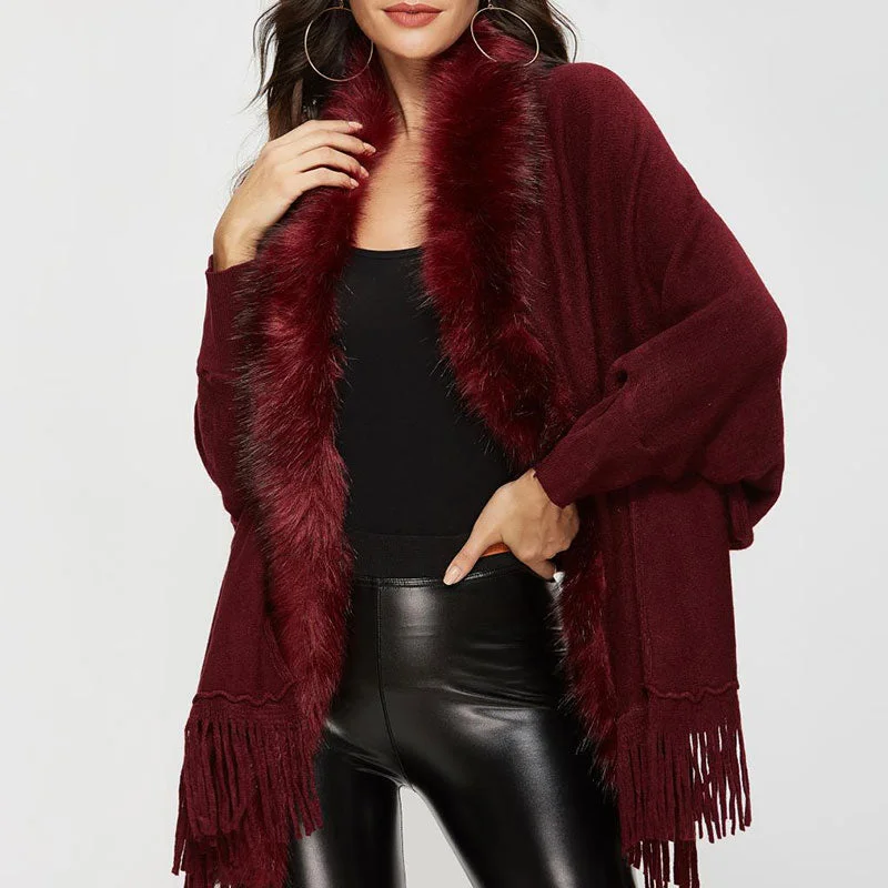 Elegant Faux Fur Shawl Collar Dolman Sleeve Open Front Fringe Knit Cardigan