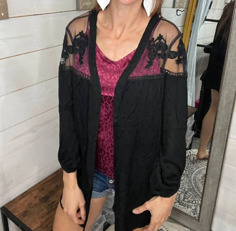 v neck women cardigan to elongate the necklineEmbroidered Yoke Puff Sleeve Open Cardigan In Black v neck women cardigan to elongate the necklineEmbroidered Yoke Puff Sleeve Open Cardigan In Black