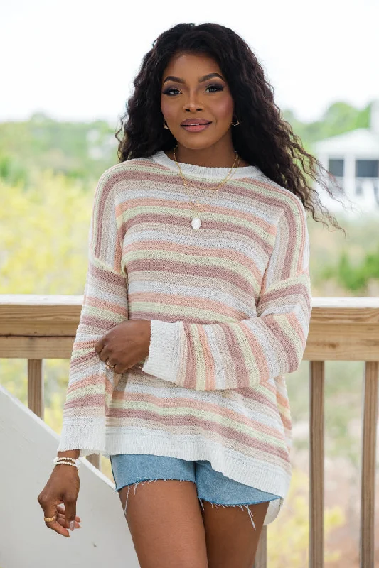 Plus Size Women's Side - Slit Sweaters in Bold SolidsFeeling Nautical Salmon Striped Oversized Sweater