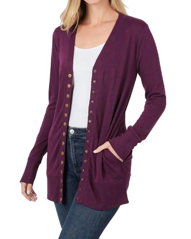 long length women cardigan with side slitsFlora Snap Button Cardigan In Dark Plum