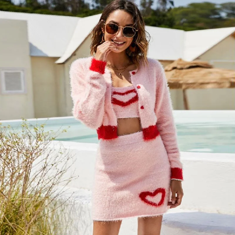 Fluffy Pink Heart Motif Eyelash Knit Bra Top And Crop Cardigan Matching Set