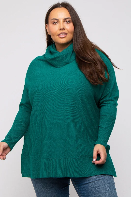 Plus Size Women's Side - Slit Sweaters in Bold SolidsForest Green Cowl Neck Dolman Sleeve Plus Sweater Plus Size Women's Side - Slit Sweaters in Bold SolidsForest Green Cowl Neck Dolman Sleeve Plus Sweater