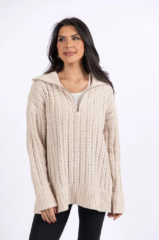 Forever Yours Beige Cable Knit Chenille Quarter Zip Sweater