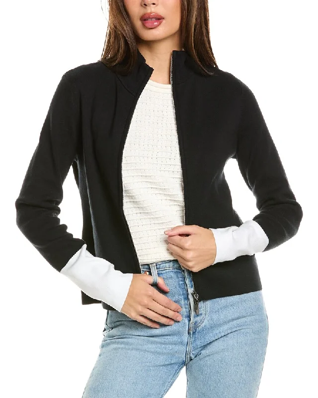 machine washable women cardigan for easy careForte Cashmere Contrast Trim Zip Mock Cardigan machine washable women cardigan for easy careForte Cashmere Contrast Trim Zip Mock Cardigan
