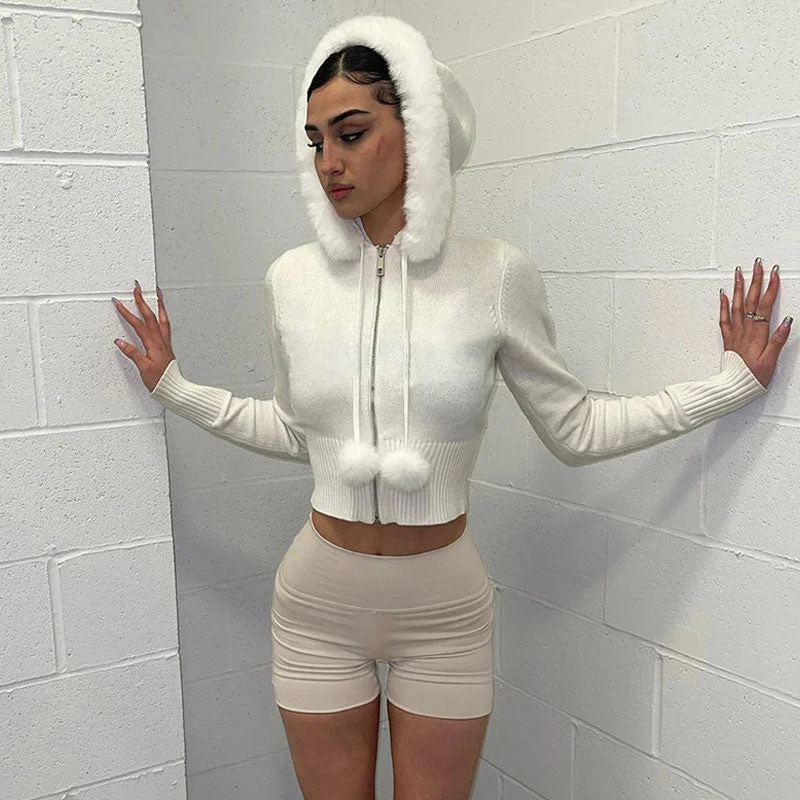 machine washable women cardigan for easy careFuzzy Faux Fur Pom Pom Detail Long Sleeve Zip Front Hooded Crop Knit Cardigan machine washable women cardigan for easy careFuzzy Faux Fur Pom Pom Detail Long Sleeve Zip Front Hooded Crop Knit Cardigan