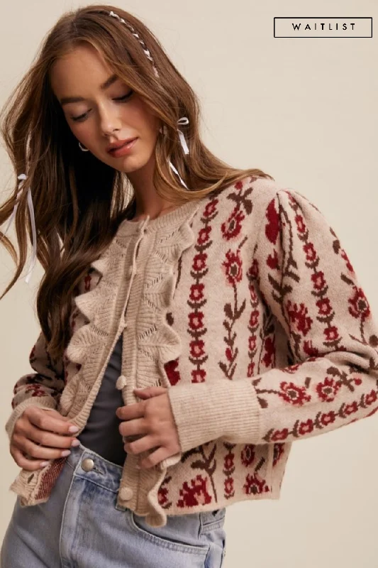 Waitlist 12/18 ♥ Gabby Long Sleeve Button Down Floral Print Knit Cardigan Taupe