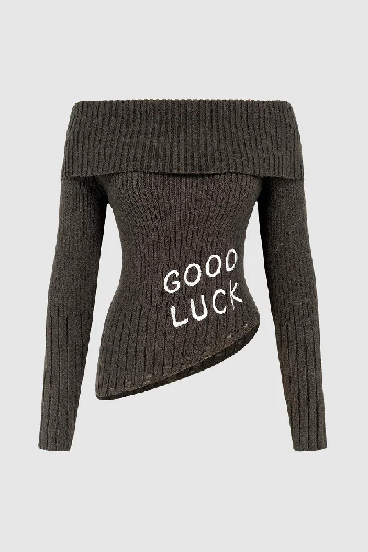 Hot Girl GOOD LUCK Distressed Off-Shoulder Sweater In Gray