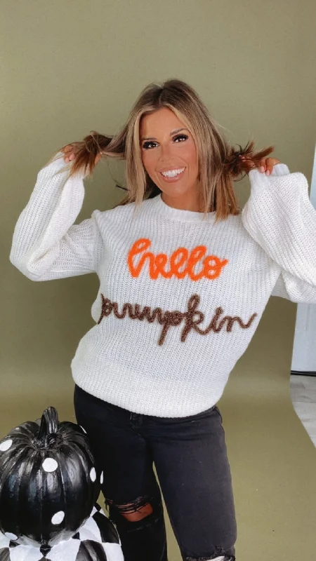 Hello Pumpkin Embroidered Sweater, Ivory