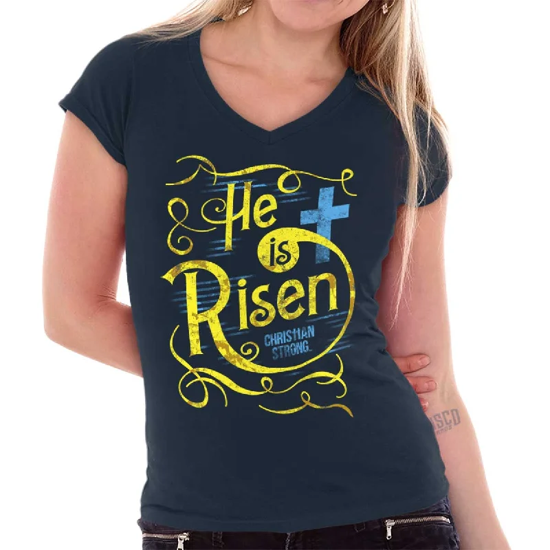 Crew Neck Women T Shirt with a Timeless DesignHe Is Risen Junior Fit V-Neck T-Shirt