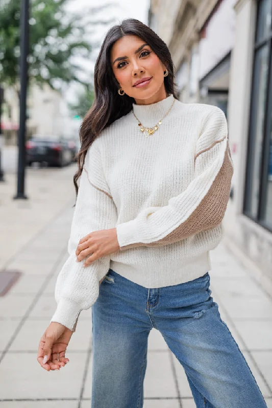 Plus Size Women's Side - Slit Sweaters in Bold SolidsHeading To Town Ivory and Taupe Two Tone Mock Neck Sweater Plus Size Women's Side - Slit Sweaters in Bold SolidsHeading To Town Ivory and Taupe Two Tone Mock Neck Sweater