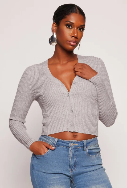 lightweight women cardigan for spring and fallRibbed Knit Button Front Cropped Cardigan