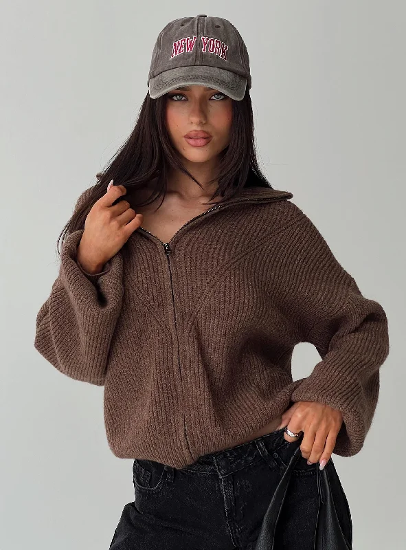Plus Size Women's Side - Slit Sweaters in Bold SolidsHertford Zip Through Knit Sweater Brown
