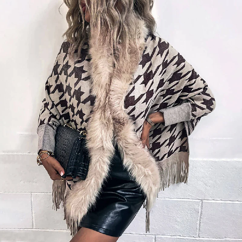 color block women cardigan with bold huesHoundstooth Print Fringe Faux Fur Trim Open Front Apricot Cocoon Cardigan color block women cardigan with bold huesHoundstooth Print Fringe Faux Fur Trim Open Front Apricot Cocoon Cardigan