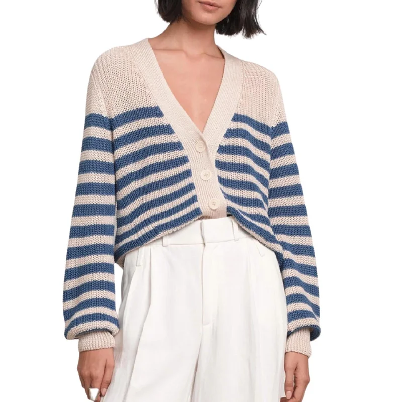 open front women cardigan for easy stylingIsla Striped Cropped Cardigan In Ivory/azure open front women cardigan for easy stylingIsla Striped Cropped Cardigan In Ivory/azure