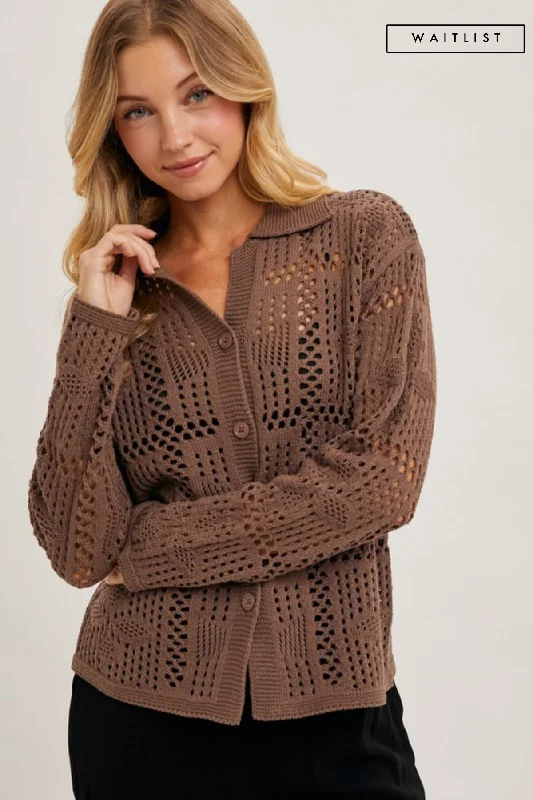 Waitlist 12/24 ♥ Jacie Long Sleeve Button Down Crochet Cardigan Top Brown