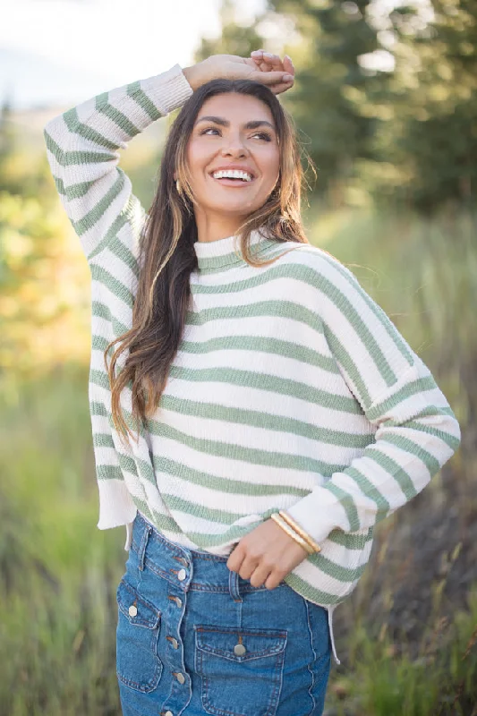 Mock Neck Women's Alpaca Wool Sweaters in Earth TonesKeep On Shining Olive And Cream Striped Turtleneck Sweater Mock Neck Women's Alpaca Wool Sweaters in Earth TonesKeep On Shining Olive And Cream Striped Turtleneck Sweater