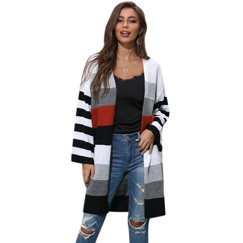 hand knitted women cardigan with artisanal charmKnitting Cardigan Long Stripe Splicing Collision Color Sweater New Foreign Trade Women's Casual Winter Knit Sweater Custom hand knitted women cardigan with artisanal charmKnitting Cardigan Long Stripe Splicing Collision Color Sweater New Foreign Trade Women's Casual Winter Knit Sweater Custom