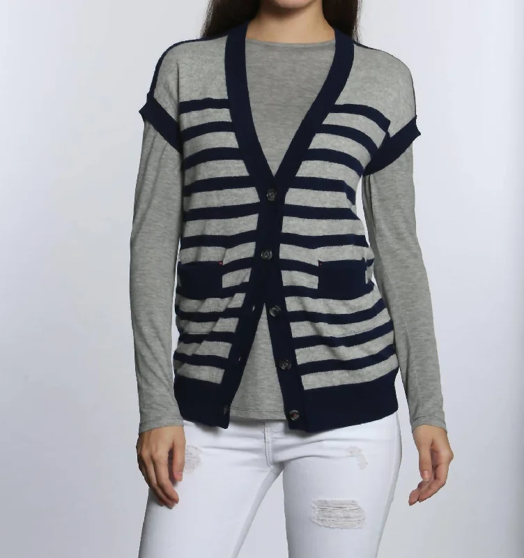 plus size women cardigan for comfortable layeringLuxe Striped Cardigan In Grey/navy plus size women cardigan for comfortable layeringLuxe Striped Cardigan In Grey/navy