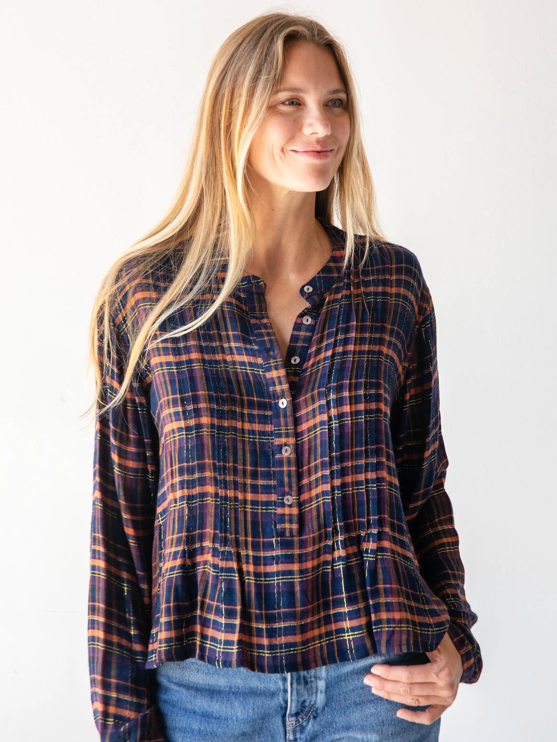 Montana Top - Navy Orange Plaid