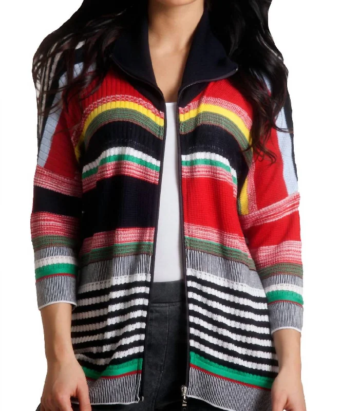 ribbed women cardigan with a classic textureMulti Striped 3/4 Sleeve Cardigan In Navy Multi ribbed women cardigan with a classic textureMulti Striped 3/4 Sleeve Cardigan In Navy Multi