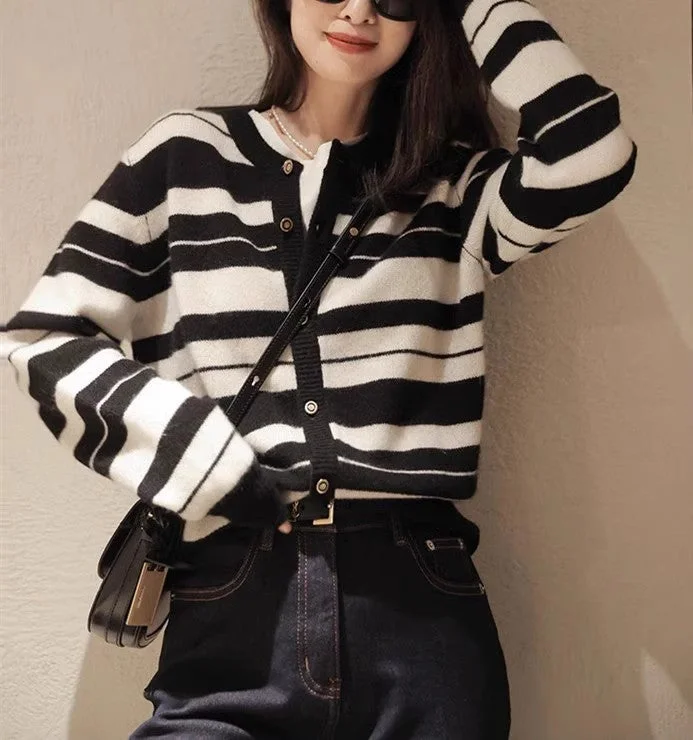 hand knitted women cardigan with artisanal charmNew soft knitted cardigan for women fashionable black top striped Korean style simple sweater jacket S3392 hand knitted women cardigan with artisanal charmNew soft knitted cardigan for women fashionable black top striped Korean style simple sweater jacket S3392