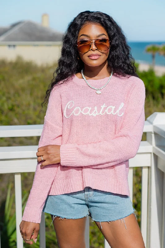 Plus Size Women's Embroidered Sweaters in Ethnic StylesOff To The Beach Pink Coastal Script Sweater Plus Size Women's Embroidered Sweaters in Ethnic StylesOff To The Beach Pink Coastal Script Sweater