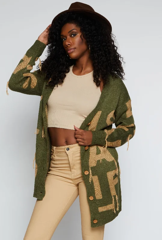 lightweight women cardigan for spring and fallAlphabet Fringe Detail Button Front Cardigan